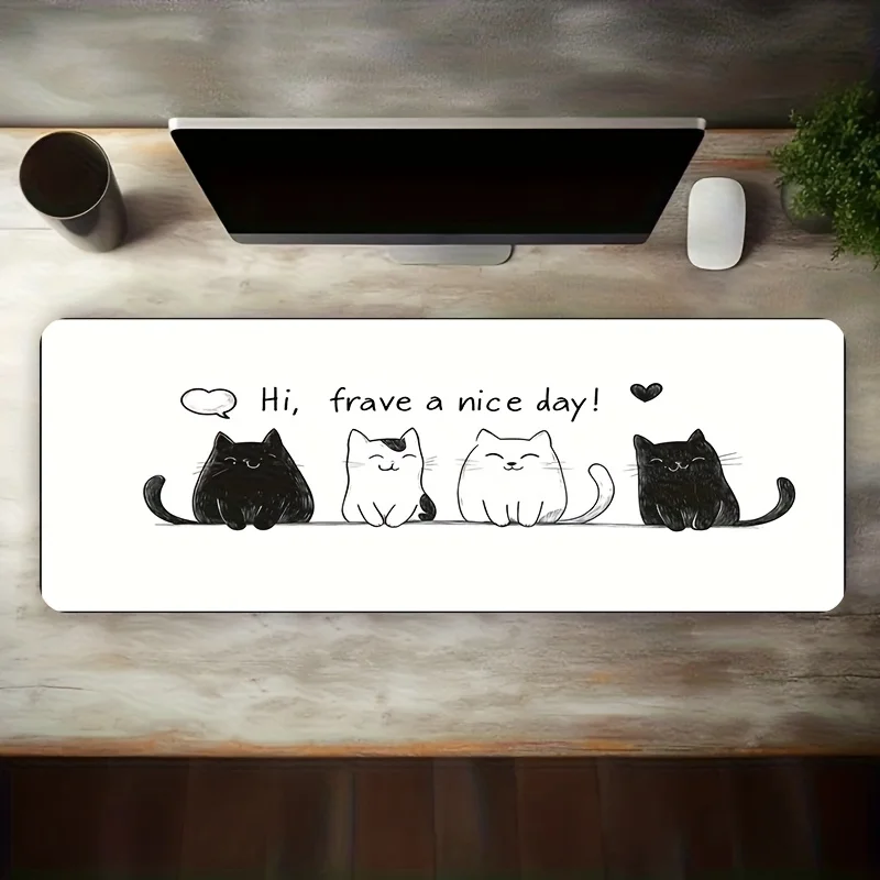 XXL Cat Parade Mouse Pad, Line Art Cute Cat Design, Non-Slip Washable Rubber Gaming Mat Stain Resistant Desk Pad Gift for Gamers
