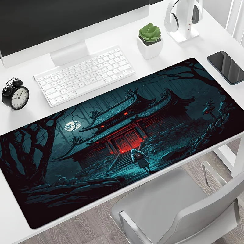 Large Gaming Mouse Pad with Mystical Japanese Temple Scene, Non-Slip Rubber Base, Durable Stitched Edges, Ultra Smooth Surface