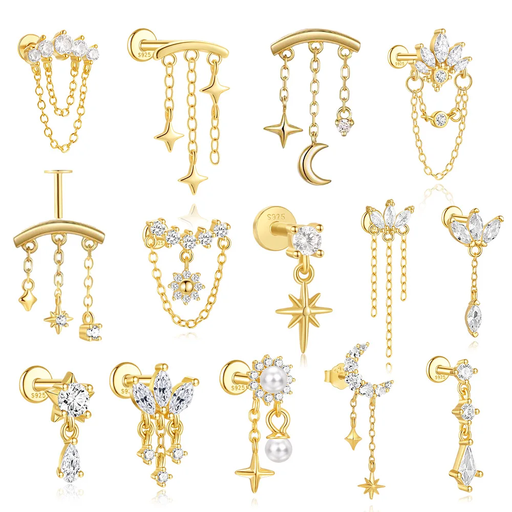 روكسي 925 فضة أقراط للنساء ستار شرابة اللولب سلسلة القرط استرخى القرط/بدون خيوط دفع في المخفية روك مسمار #3