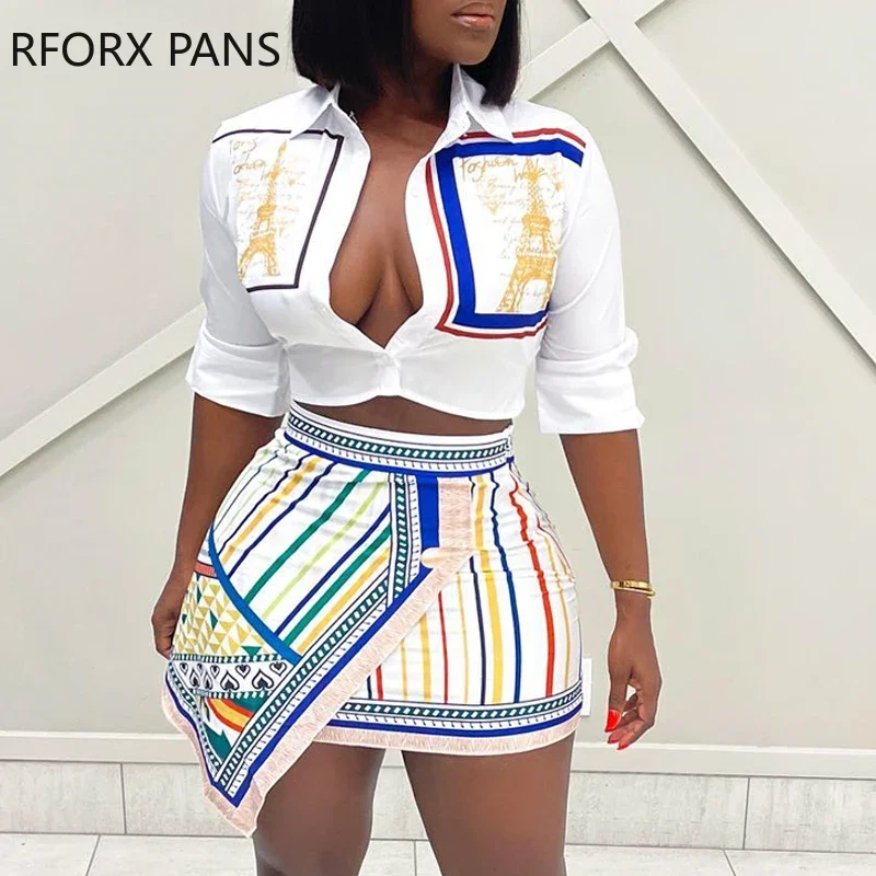 Women Chic Elegantall Over Print Turn Down Collar Button Asymmetrical Bodycon Sexy Mini Skirt Sets