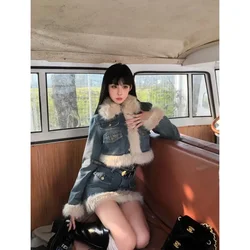 Autumn Winter Plush Patchwork Fashion Vintage Denim Cropped Jacket + High Waisted A-line Mini Skirt Two Piece Sets Women Suits