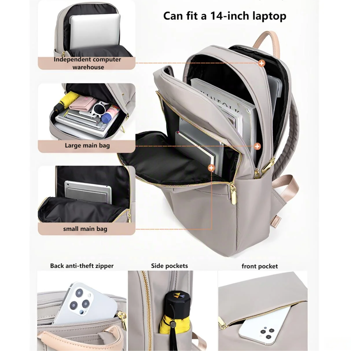 여성용 노트북 백팩, 대용량 멀티 포켓, 방수 옥스포드, 2025 신제품, 14인치 노트북에 적합, 통근 여행