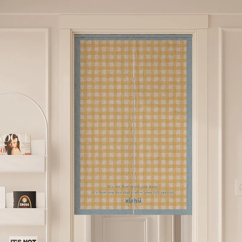 VIKAMA Cream Yellow Gingham Noren Door Curtain Velcro Punch Free for Kitchen Cafe Minimalist Decor for Home & Commercial Use