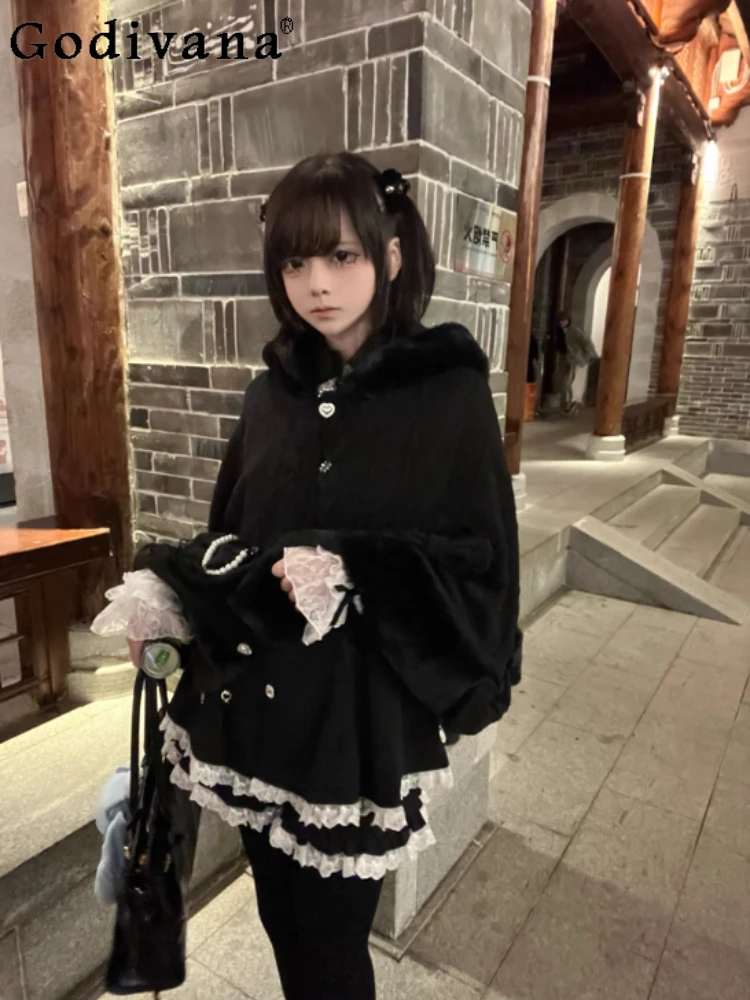 

Japanese Original Lolita Design Mass-Produced Fleece-Lined Bunny Ear Cape with Bow and Pearls Autumn Sweet Girl Warm Coat
