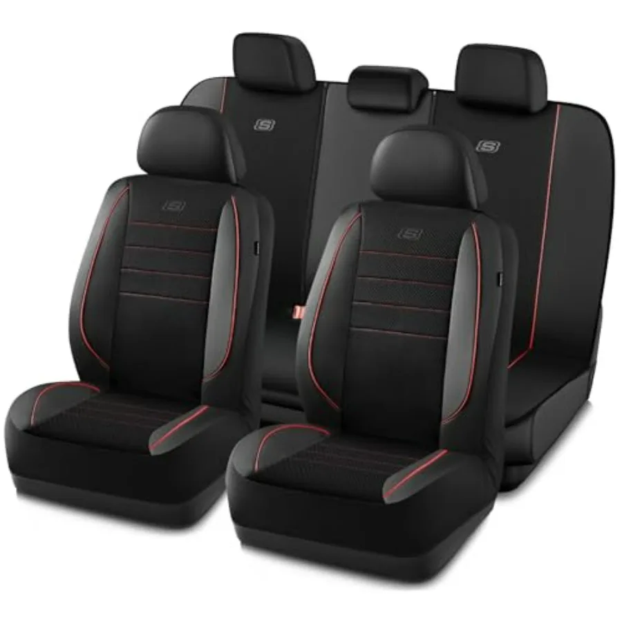 

Air-Cooled Memory Foam Mesh Thick Red Car Seat Covers with Piping Leather Full Set Airbag Compatible Universal Fit for Vans Tru