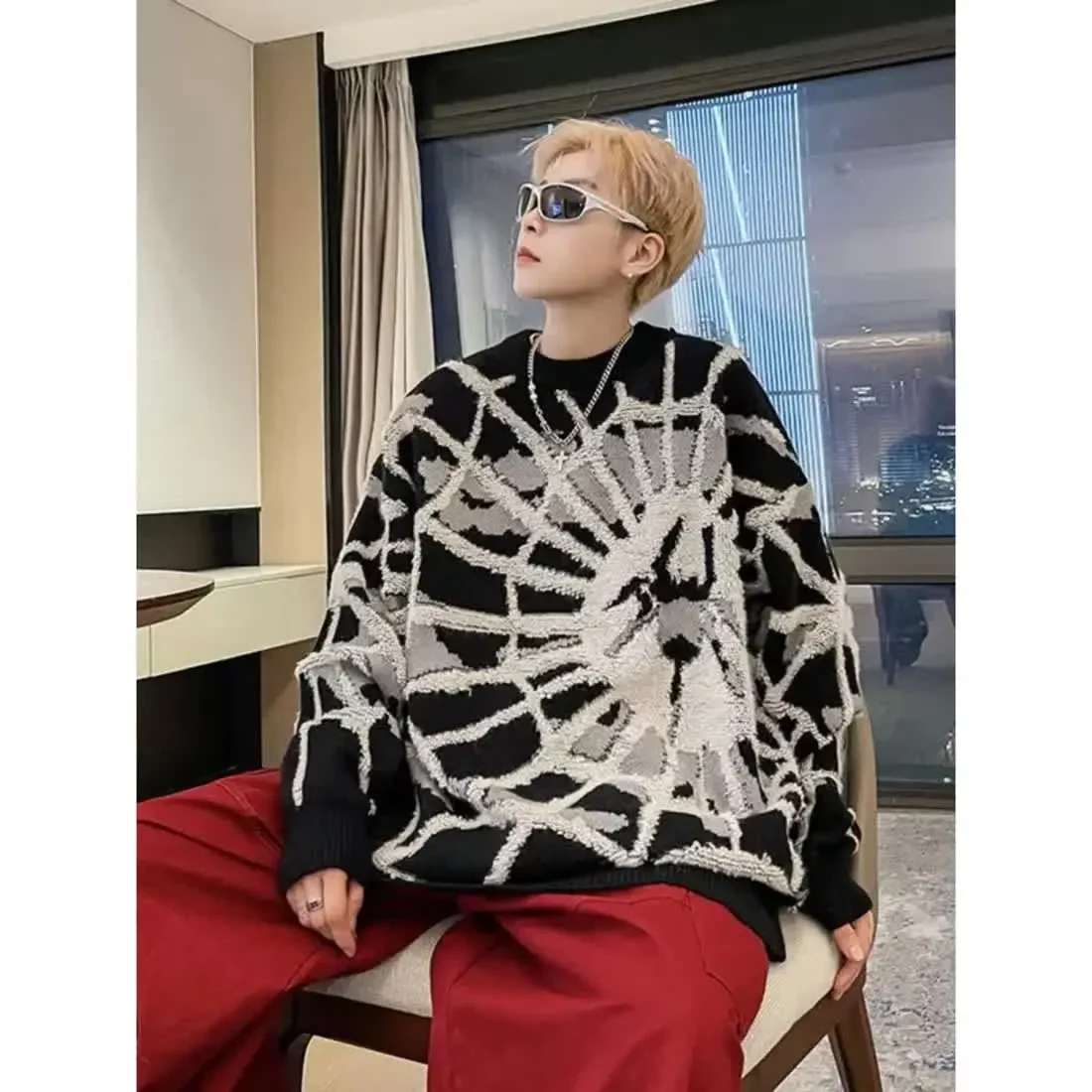 Autumn and winter new American high street handsome spider lazy style loose fitting men and women pullover knitted sweater y2k