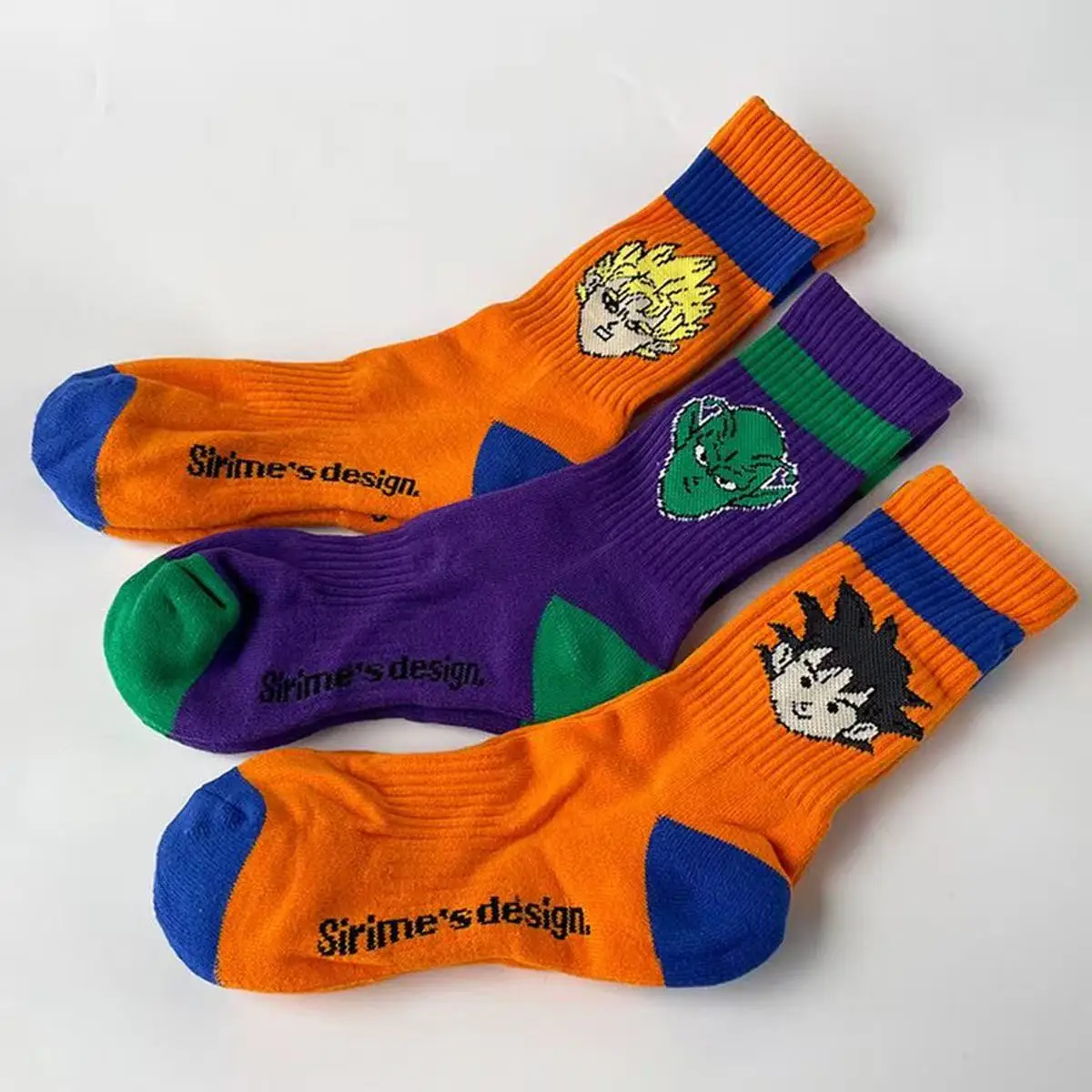 Anime Dragon Ball Mid Calf Socks Color Block Striped Top Goku Piccolo Character Print Breathable Cotton Casual Sports Crew Socks