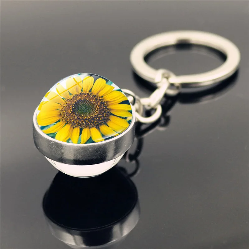 Schlüsselanhänger mit Sonnenblumenmuster, doppelseitiger Glaskugel-Anhänger, Metall-Schlüsselanhänger, klassisches Geschenk – Detail 13
