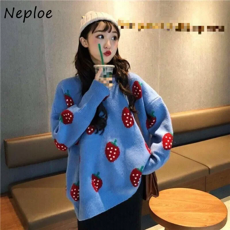 Neploe Women Oversized Sweater Pullovers O-neck Strawberry Pattern Printed Pull Jumpers Long Sleeve Street Knit Tops 1E786