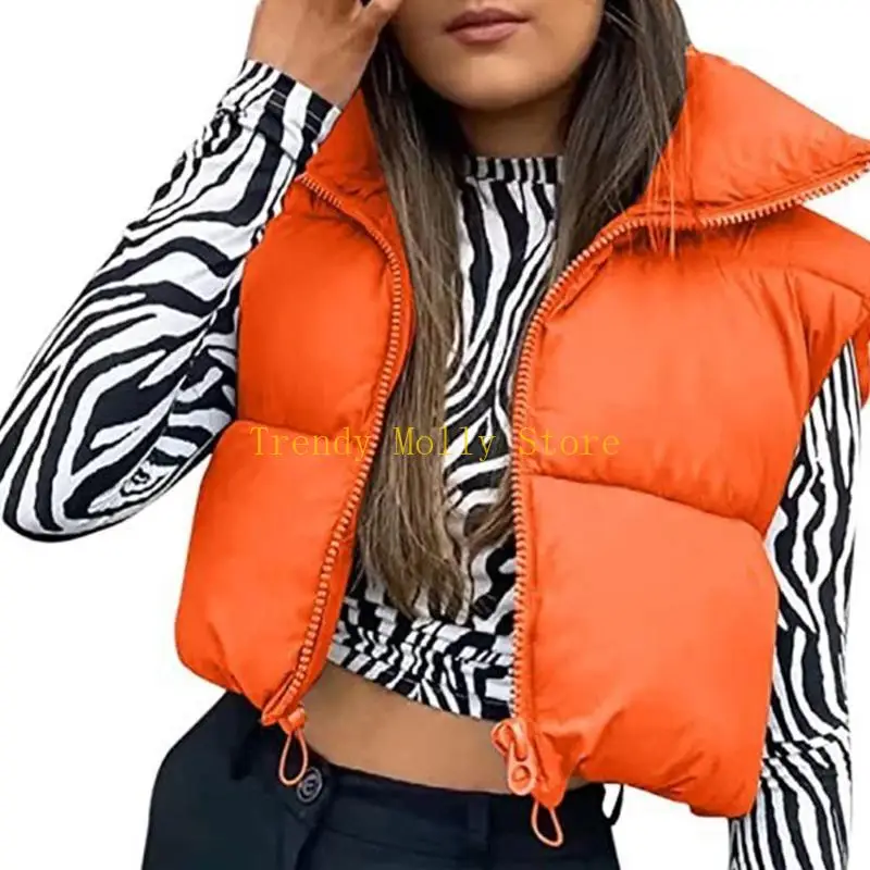 N5KB Women Winter Warm Gilet Waistcoat Sleeveless Zipper Up Crop Puffer Vest Outwear