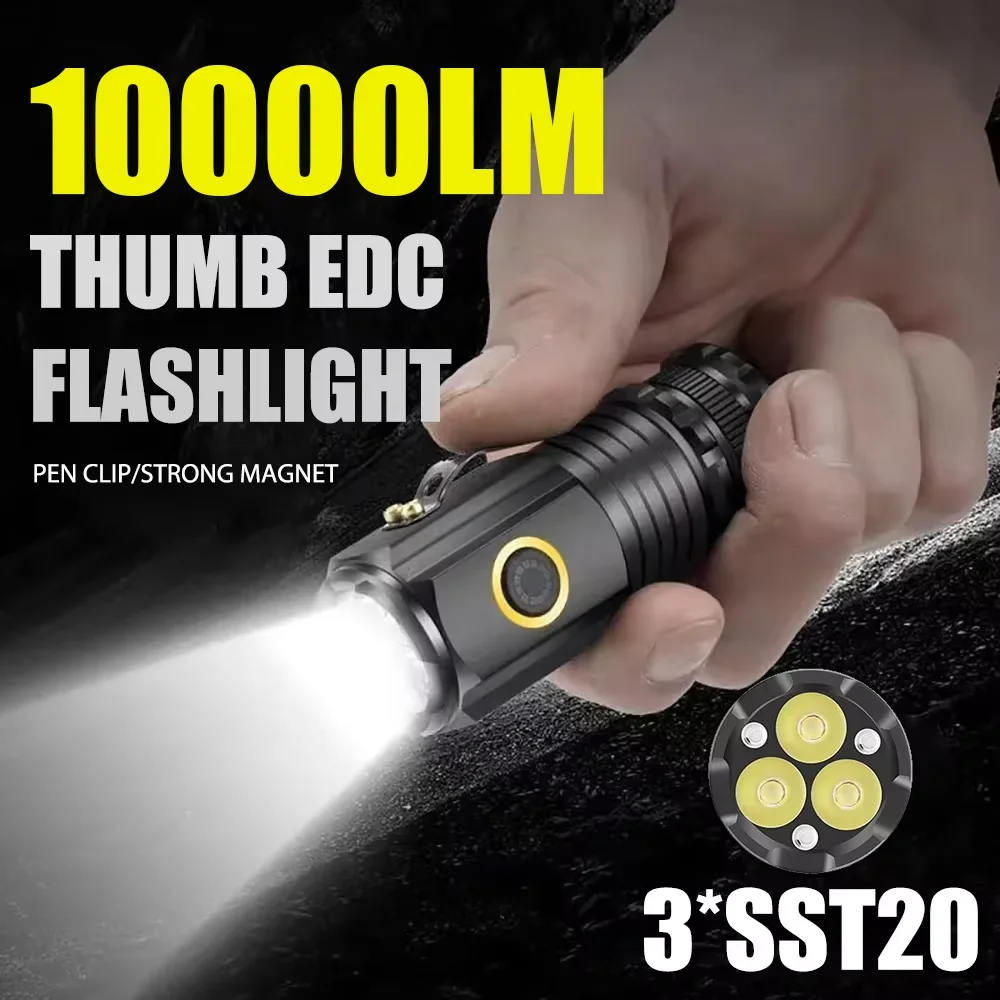

Portable LED Mini Flashlight Powerful Type-C Rechargeable EDC Flashlight Torch 10000LM Lamp with Tail Magnet Tactical Lantern