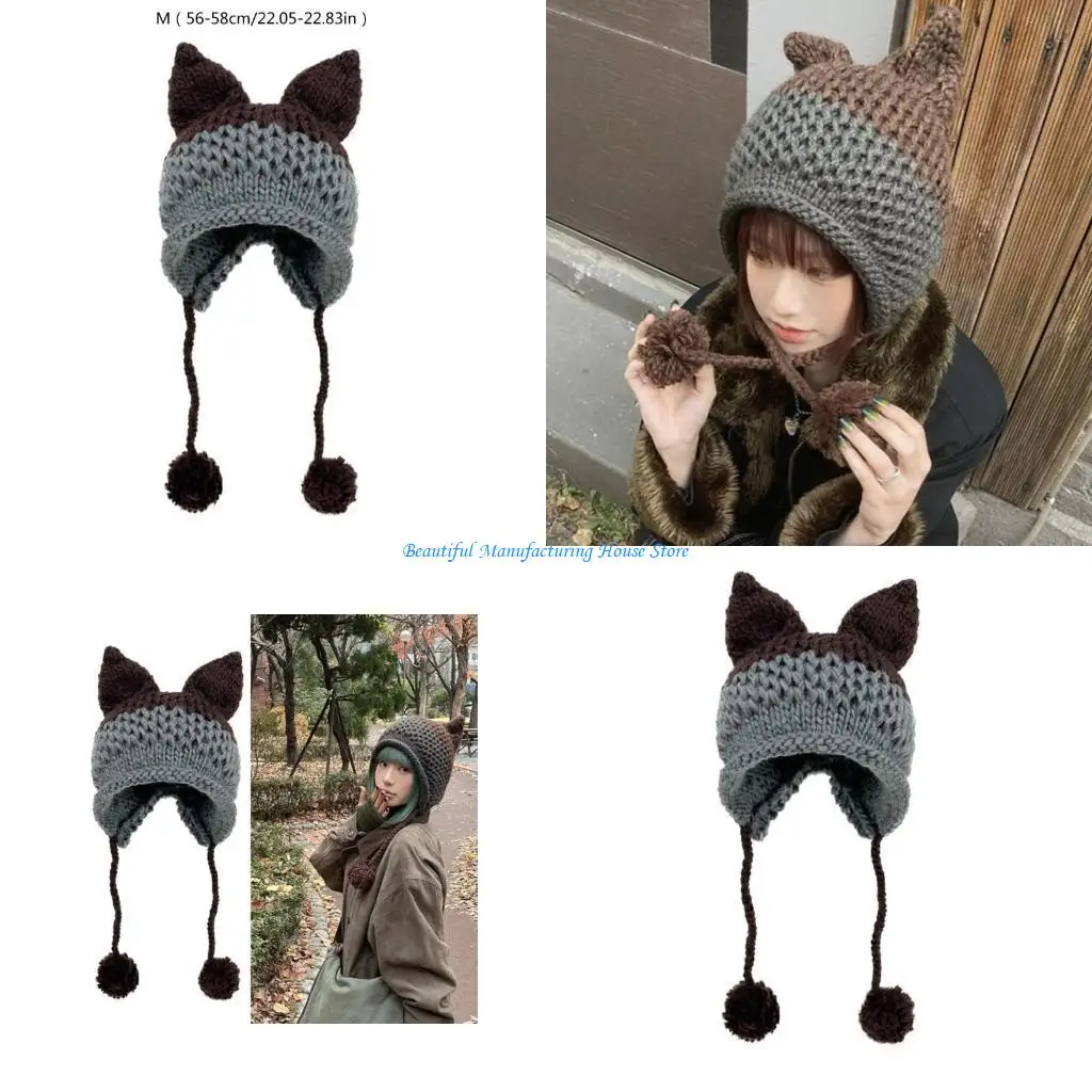 

E56A милые шерстяные вязаные шапки с кошачьими ушками, осенне-зимняя шапка с цветными блоками, вязаная крючком шапка-ушанка