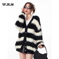 Korean Harajuku Oversized V-neck Mohair Cozy Knitted Cardigan Women Striped Single Breasted Sweater Coat Trendy Spring Fall 2024