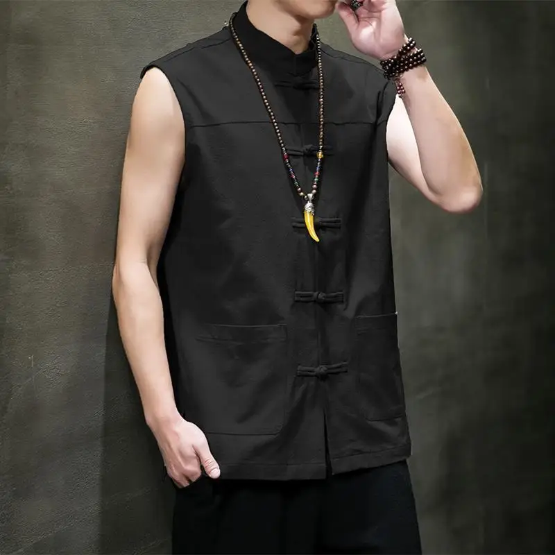 Spring Summer Vintage Linen Stand Collar Sleeveless Tang Suit Vest Chinese Style Blouse for Men Harajuku Cardigan Jacket M-5XL