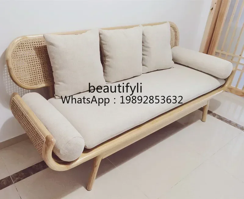 FF Solid Wood Rattan Sofa Bed & Breakfast Living Room Rattan Chair Model Room Designer Light Luxury Creative Furniture