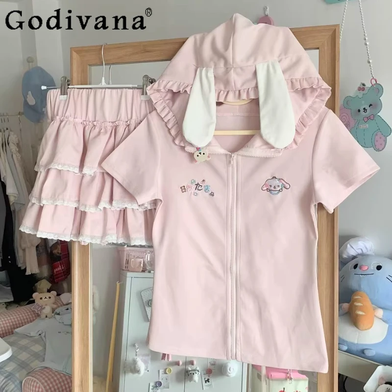 

Y2k Clothes Women's Matching Sets Original Japanese Sweet Girl Cute Rabbit Ears Short-sleeve Top and Cake Skirt 2-piece Set
