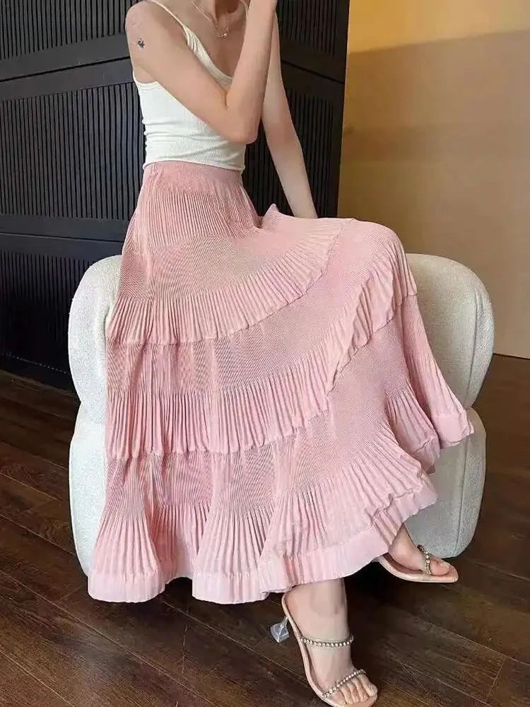 

Fashion Casual Pleated Fashion Women's Skirt Pure Colour A-Line Elastic Waist Miyake 2025 Summer Peplum Women's Loose Clothing