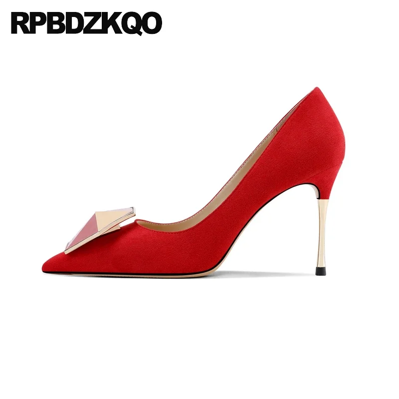 

Women Famous Large Size Metal Pumps Sexy 33 Shoes Suede Pointed Toe Slip On Fetish High Heels Extreme Stiletto Small Super-high