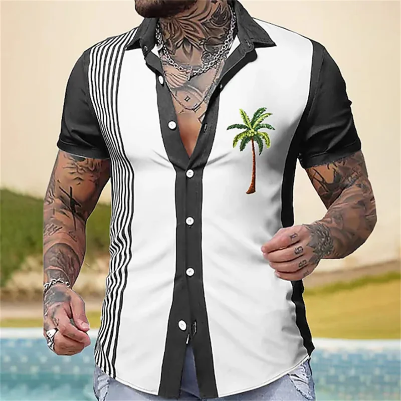 Summer Hawaiian Shirt Striped Shirt Coconut Tree Loose Casual Shirt Men\'s Beach Lapel Single Buckle Short-sleeved Fashion Clothe