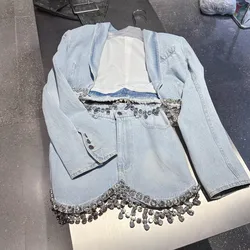 2023 Autumn New Long Sleeve Fashion Diamond chain decoration short denim jacket for Women jean Coat Y4361