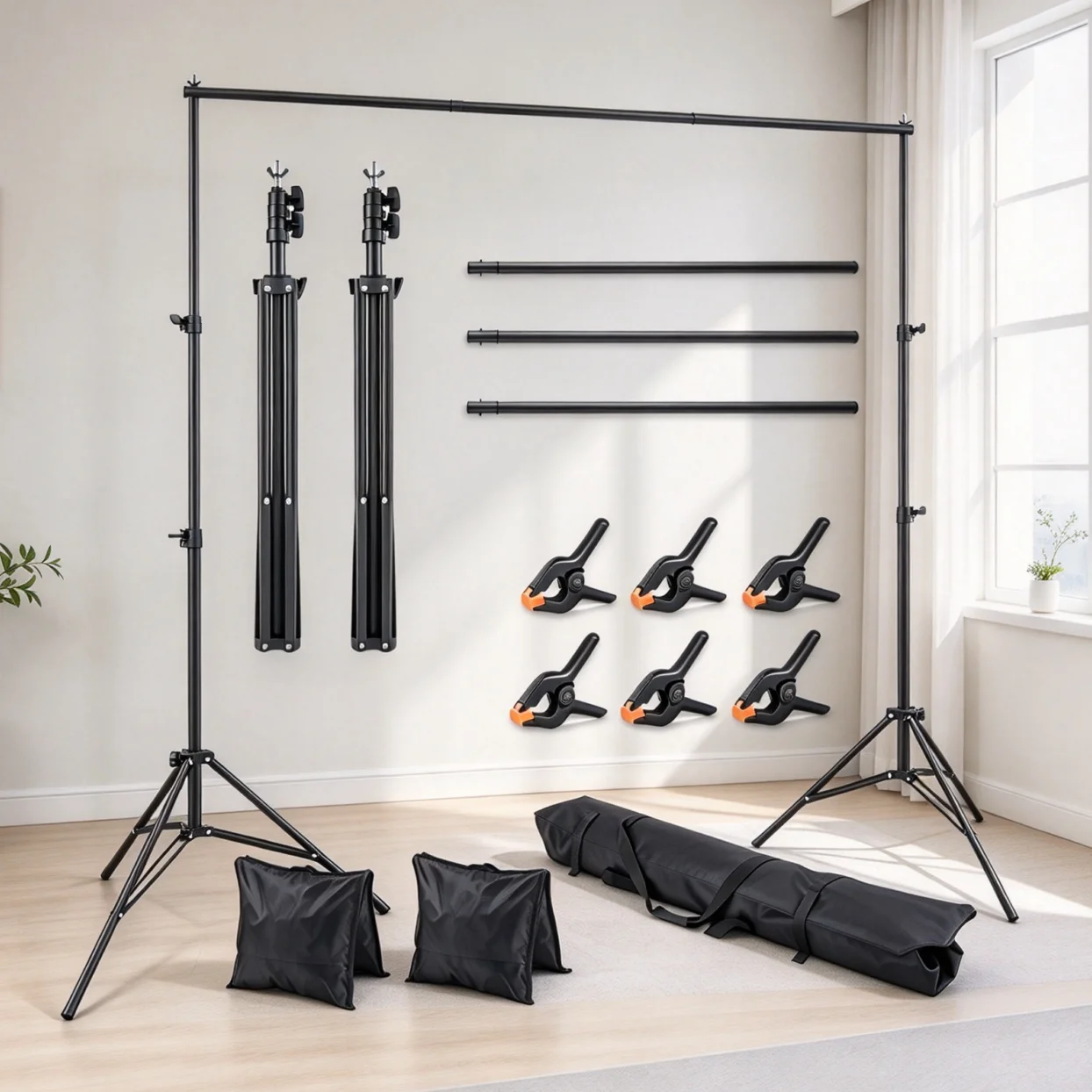 Supporto per fondali 1,89×2 m, sistema di supporto regolabile per fondali, kit per studio fotografico con 3 barre trasversali, montaggio senza attrezzi, vite M10, telaio pieghevole e portatile, base a