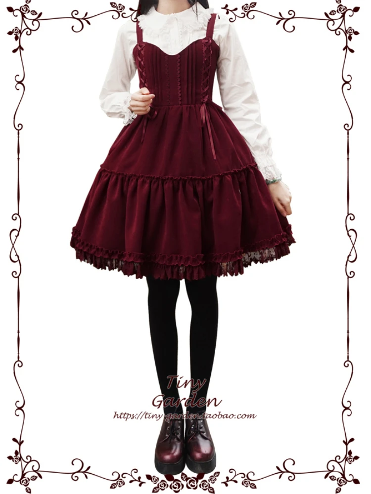 Japanese Lolita Sweet Girl Velvet Double Pull-Belt Bow V-neck Elegant High Waist JSK Lolita Vest Sling Dresses Women Spring 2024