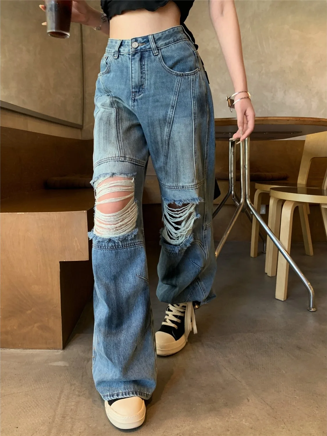 

Retro American Hole Punch Denim Jeans High Waist Loose Fit Girls Vintage Design Sensation Floor-Length Trendy Casual