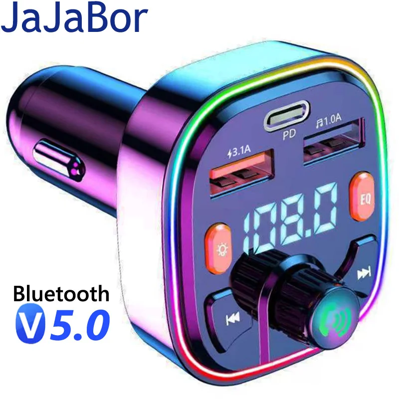 

JaJaBor FM Transmitter USB Disk Playback Type C PD 18W 3.1A USB Fast Charging Handsfree Bluetooth 5.0 Car Kit Car MP3 Player