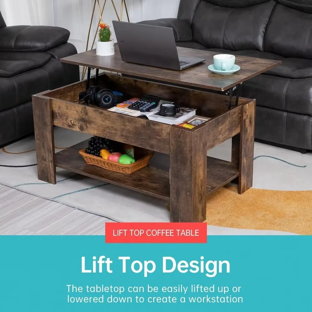 Coffee table, height-adjustable coffee table with hidden compartment and storage shelves Wooden height-adjustable tabletop