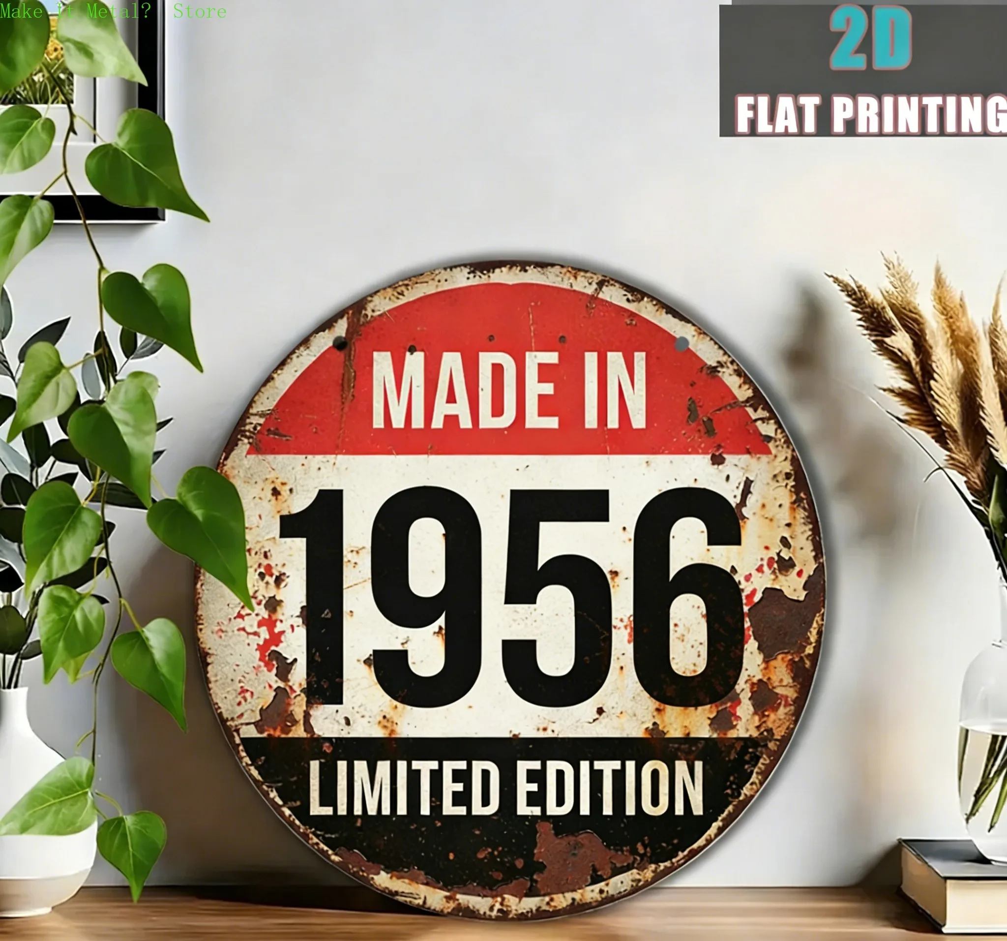 2D Flat Made in 1955 Limited Edition Round Metal Sign, Vintage Rustic Wall Decor for Home Bar & Man Cave