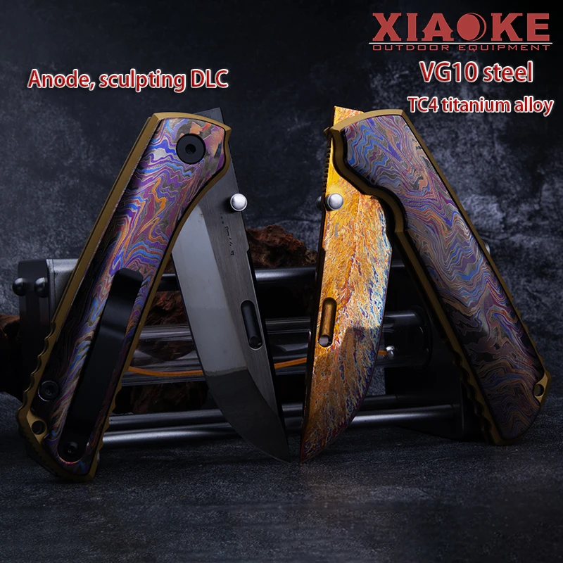 VG10 Steel Folding Pocket Knife with TC4 Titanium Handle Nano DLC Mirror Finish for Outdoor Camping Hiking EDC Collectible Gift