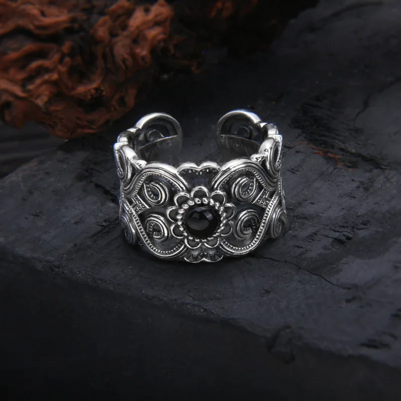 Retro Mongolian Flower Pattern Ring For Men Women Silver Color Gothic Adjustable Ring Handmade Unisex Jewelry Accessories Gift