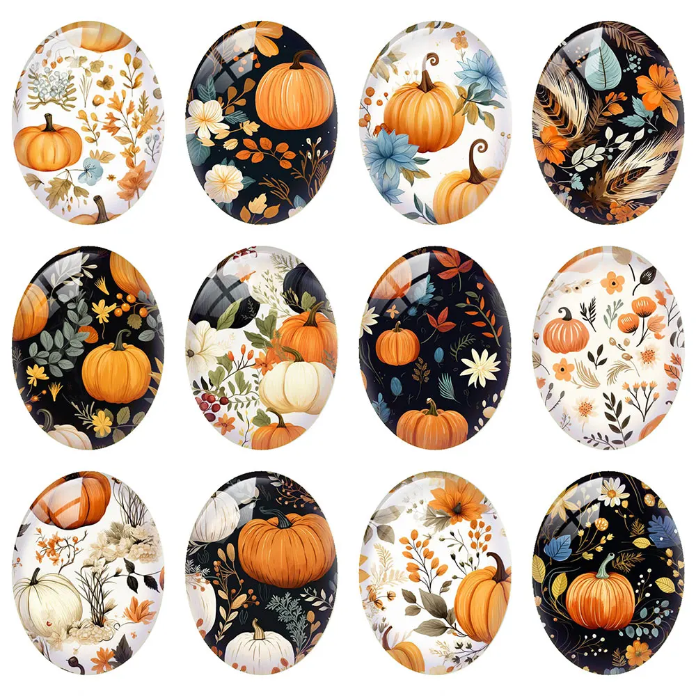 

10pcs/lot Autumn Fall Thanksgiving Oval Photo Glass Cabochon Pumpkin Flower Flatback Charms Demo Cameo For Diy Jewelry Making