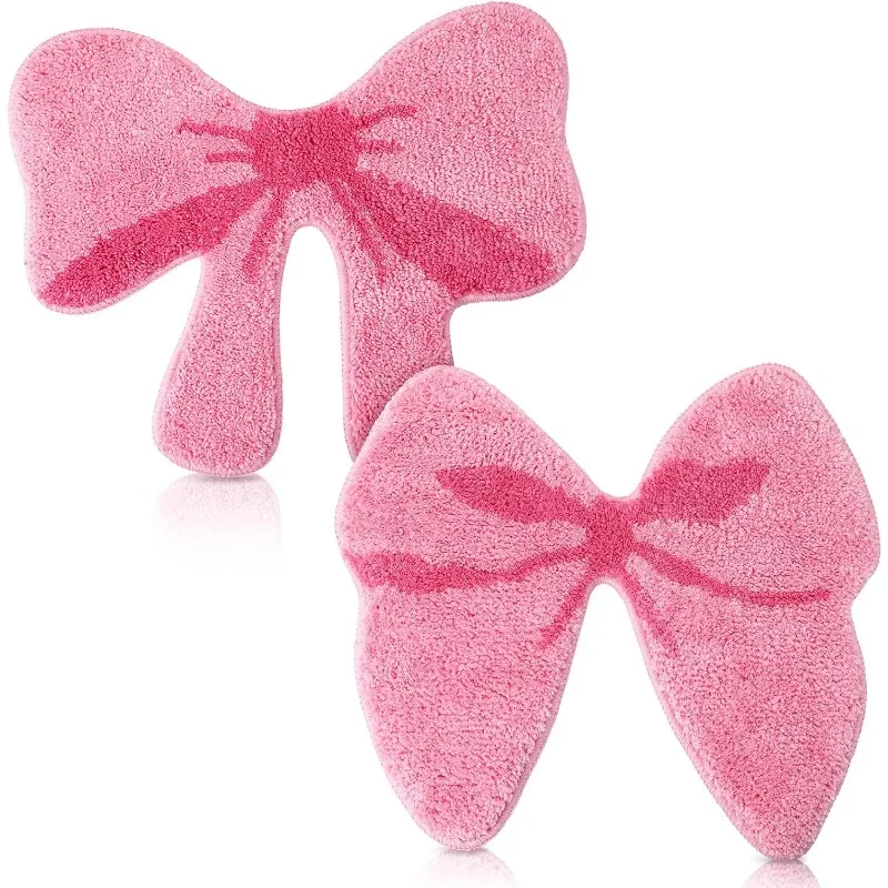 2 Bathroom Pink Bow Tie Blankets Non Slip Soft Plush Absorbent Washable Carpet