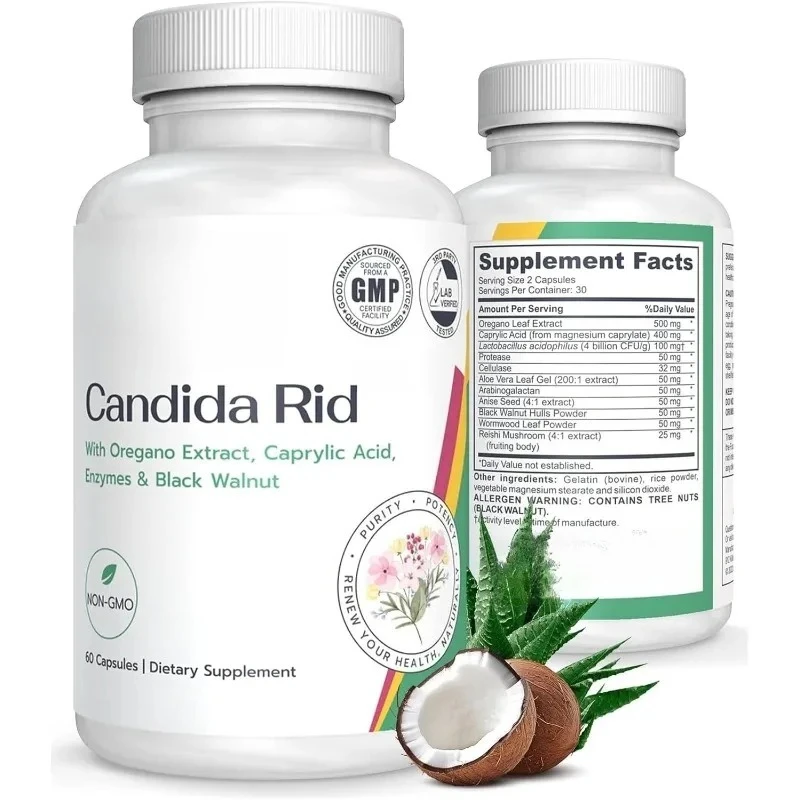 Suplemento herbario de albígenes Candida con extracto de aceite de alcantarilla de ternera y probióticos, 60 cápsulas