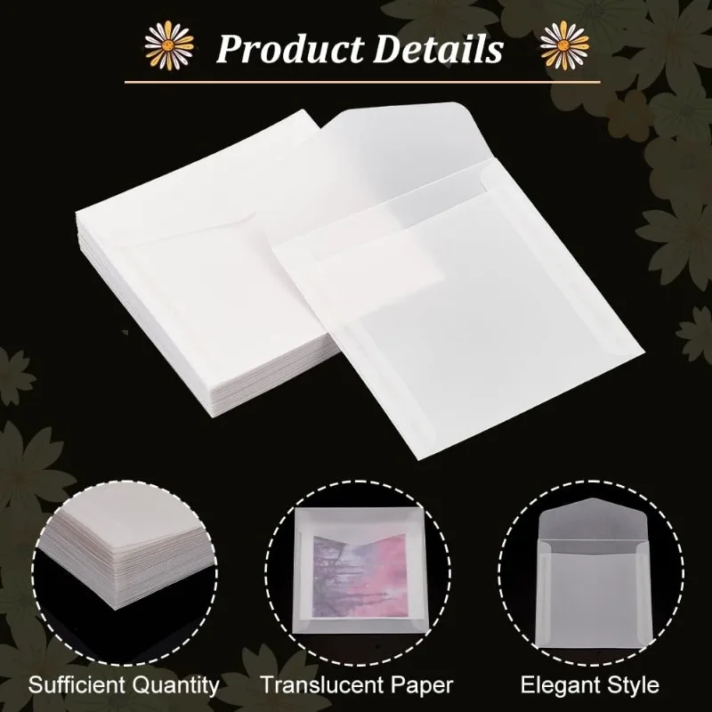 50pcs Glassine Envelopes 4.7x4.7\'\' White Translucent Paper Envelopes Vellum Square Clear Envelopes for Weddings Invitations