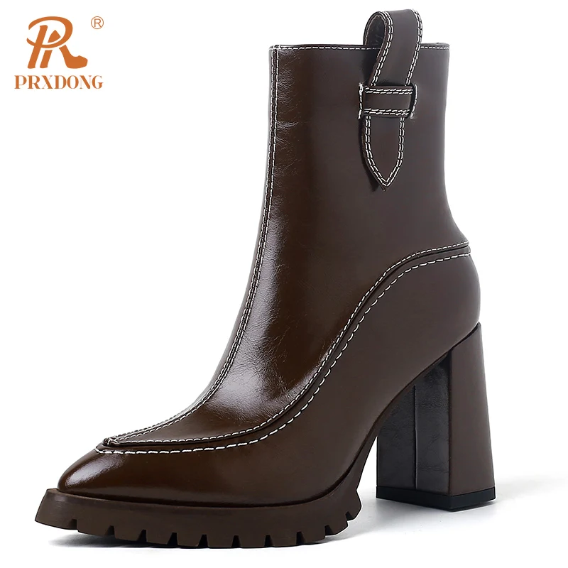 PRXDONG New Brand Genuine Leather Shoes Woman ANkle Boots Chunky High Heels Platform Black Brown Zipper Dress Party Lady Shoes