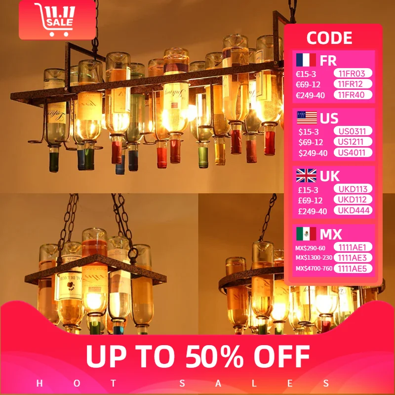 

Vintage Wine Bottle Iron Led Lights Bedroom Pendant Chandelier Kitchen Dining Table Modest Ceiling Lamps for Room Home-appliance