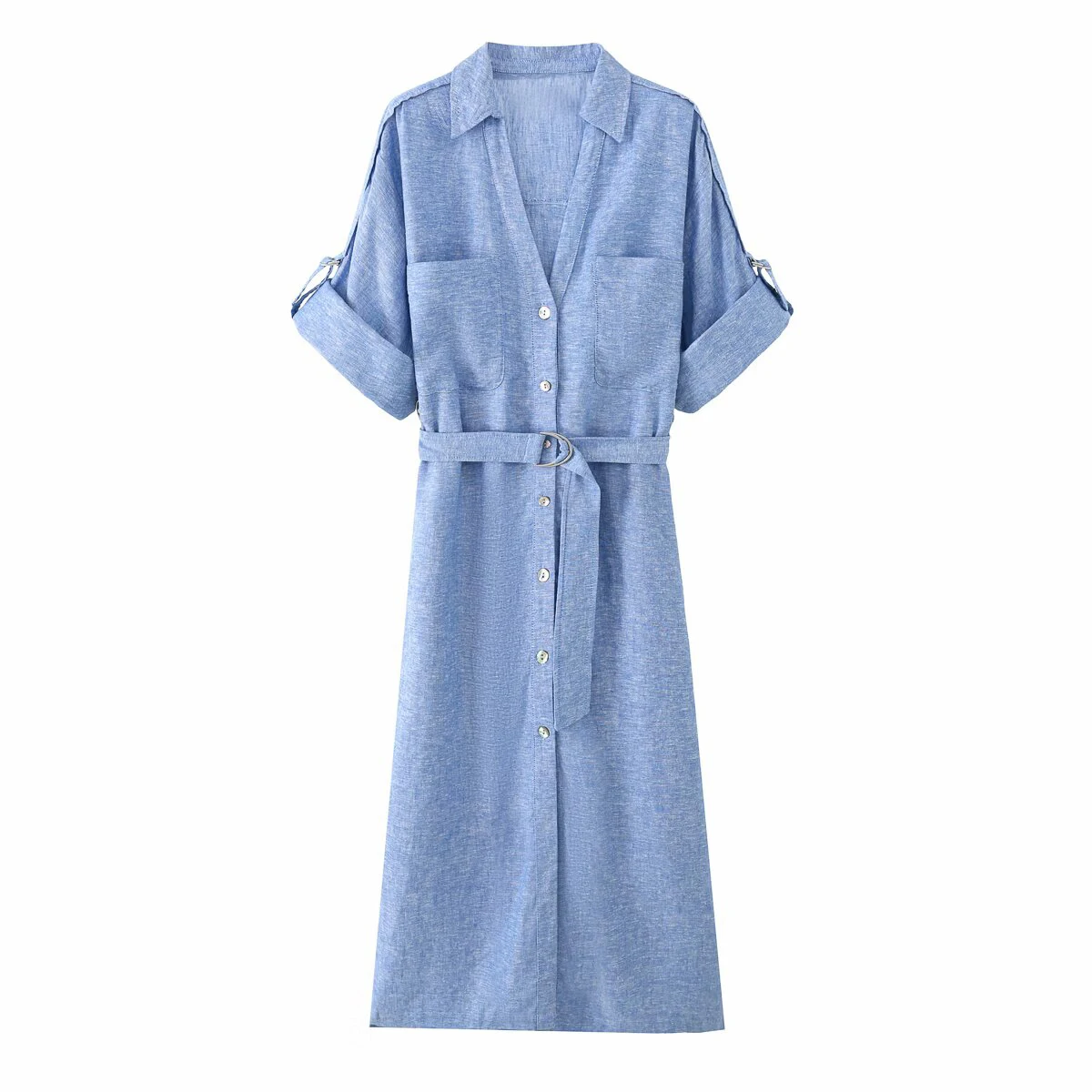 Vestido de Lino con Cinturón y Solapa, Estilo Europeo y Americano, Primavera/Verano 2026, Nuevo, para Mujer, Manga Larga
