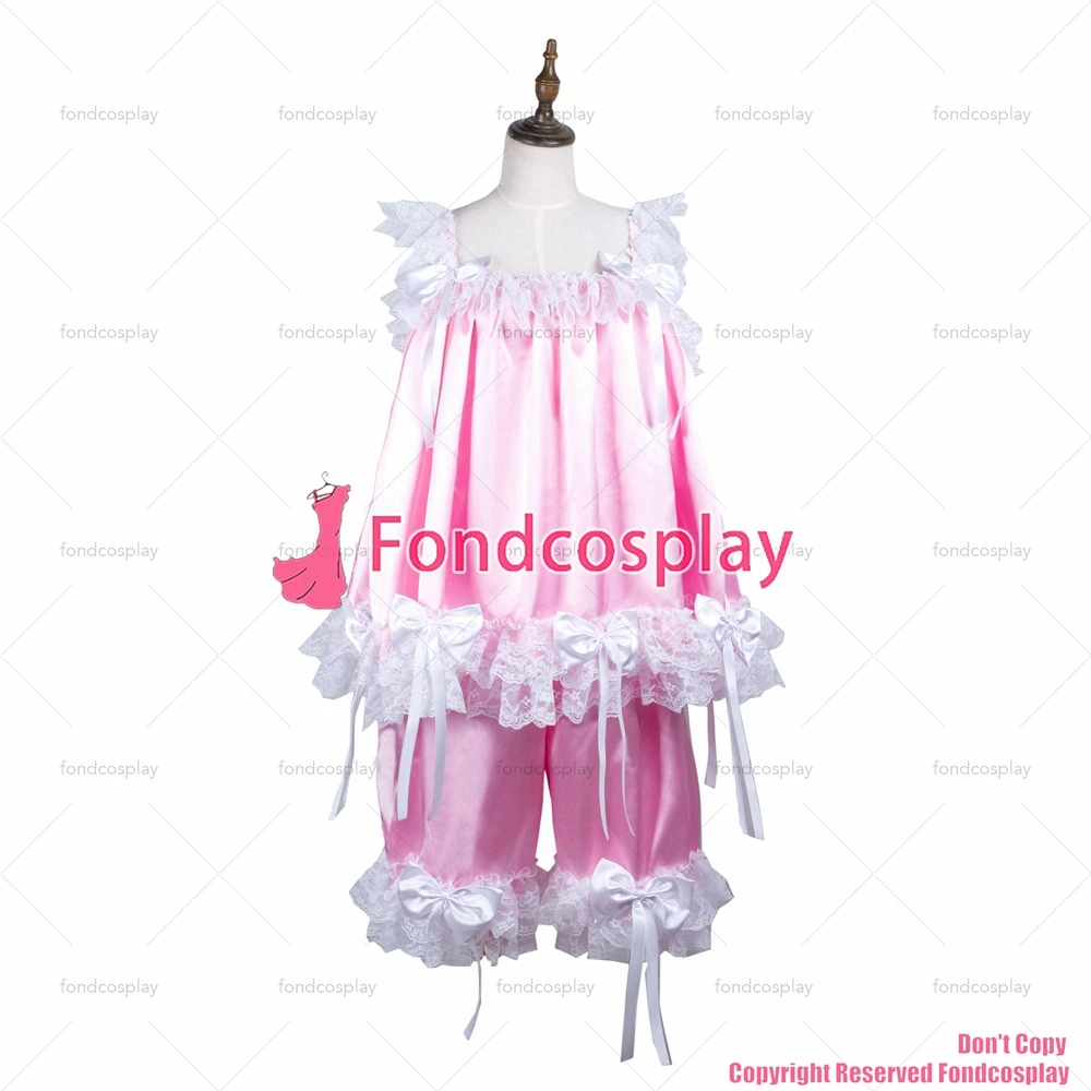 fondcosplay adult sexy cross dressing sissy maid short baby pink satin shirt short pants Uniform panties CD/TV[G3725]