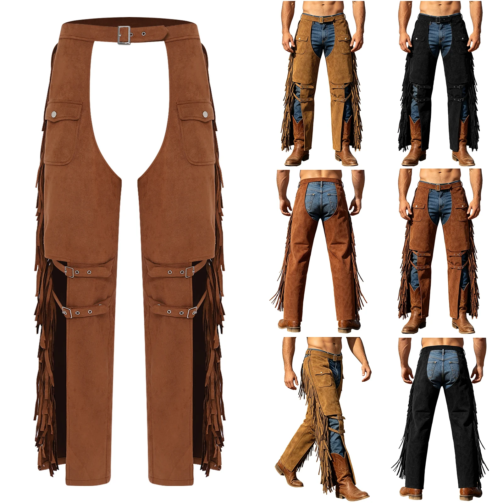 Men Halloween Western Cowboy Chaps Pants Side Tassel Split Adjustable Waist Faux Suede Wide-leg Trousers Horse Riding Breeches