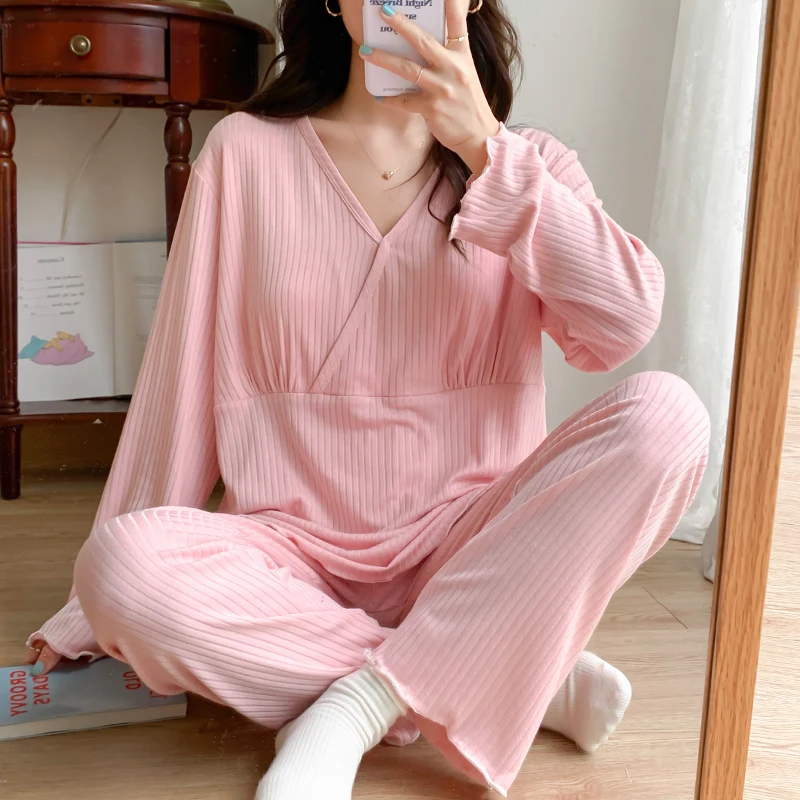 Autumn Postpartum Woman Nursing Pajama Set with Bra Pads Long Sleeve V-neck Maternity Modal Cotton Lactation Sleepwear Luxury