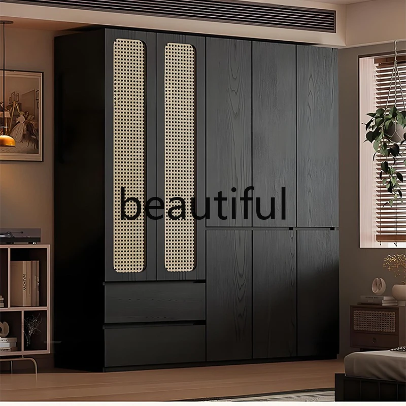 household black rattan wardrobe multi-functional swing door solid wood European pine board medium and antique segmented wardrobe