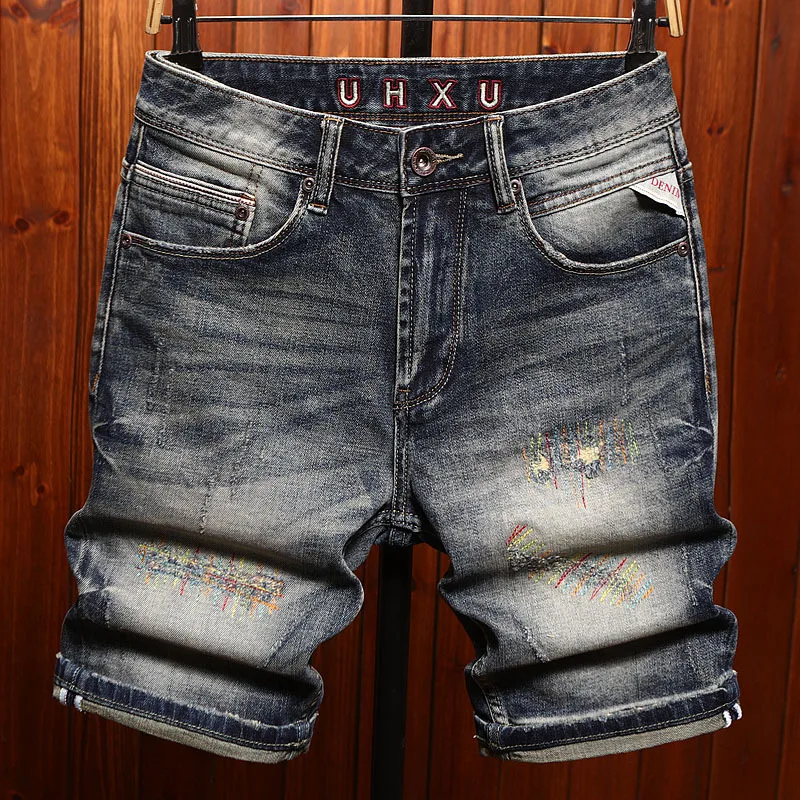 Denim shorts men 2025 summer straight tube slim fit nostalgic retro style street cool casual five quarter pants