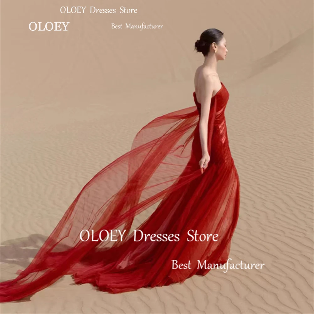 OLOEY 2024 Unikalne czerwone suknie balowe Cris-Cros Silky Tulle Mermaid Evening Dress Party Gown Floor Length Sweep Train One Shoulder