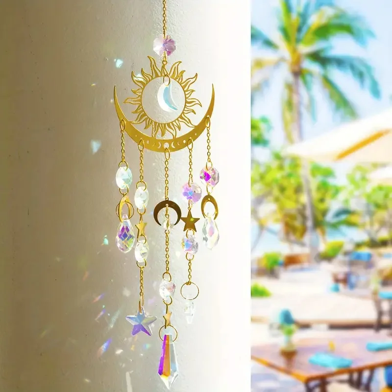 1 Piece of Golden Star and Moon Outdoor Lighting Crystal Wind Chime Hanging Garden Sun Catcher Holiday Wedding Party Decoration Supplies