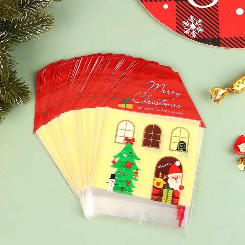 50Pcs Christmas Santa Claus House Shape Candy Gift Bags DIY Cookie Packaging Bag Merry Christmas Party Decoration