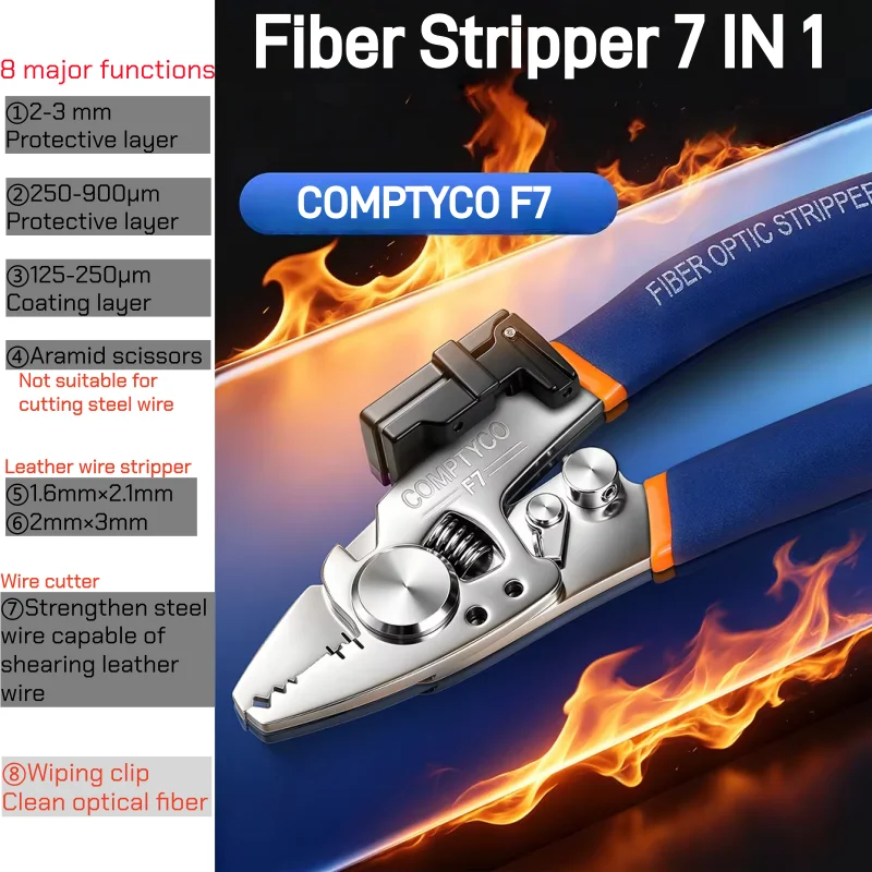 Multi-functional Optical Fiber Stripper COMPTYCO F7 With Cleaning Clip 8 functions FTTH Tool Fiber Optic Cable Stripping Pliers
