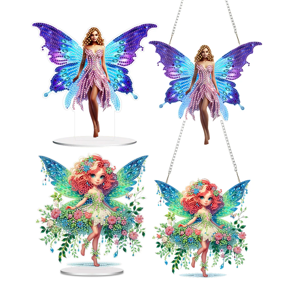 

2pcs Butterfly Fairy 2D Flat DIY Hanging Diamond Art Kits Single-Sided Drill Diamond Art Pendant Wall Decor for Home & Windows