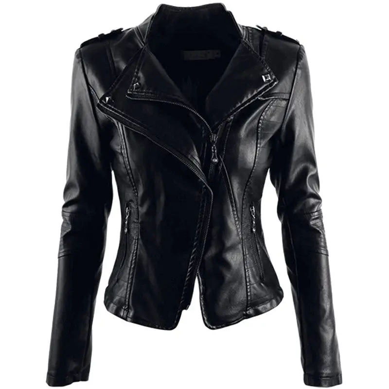 Cool Pu Faux Leather Women Jacket Rivet Decorate Padded Cotton Warm Black Coat 2023 Winter S~3XL Slim Fit Zip Moto Bike Outwear